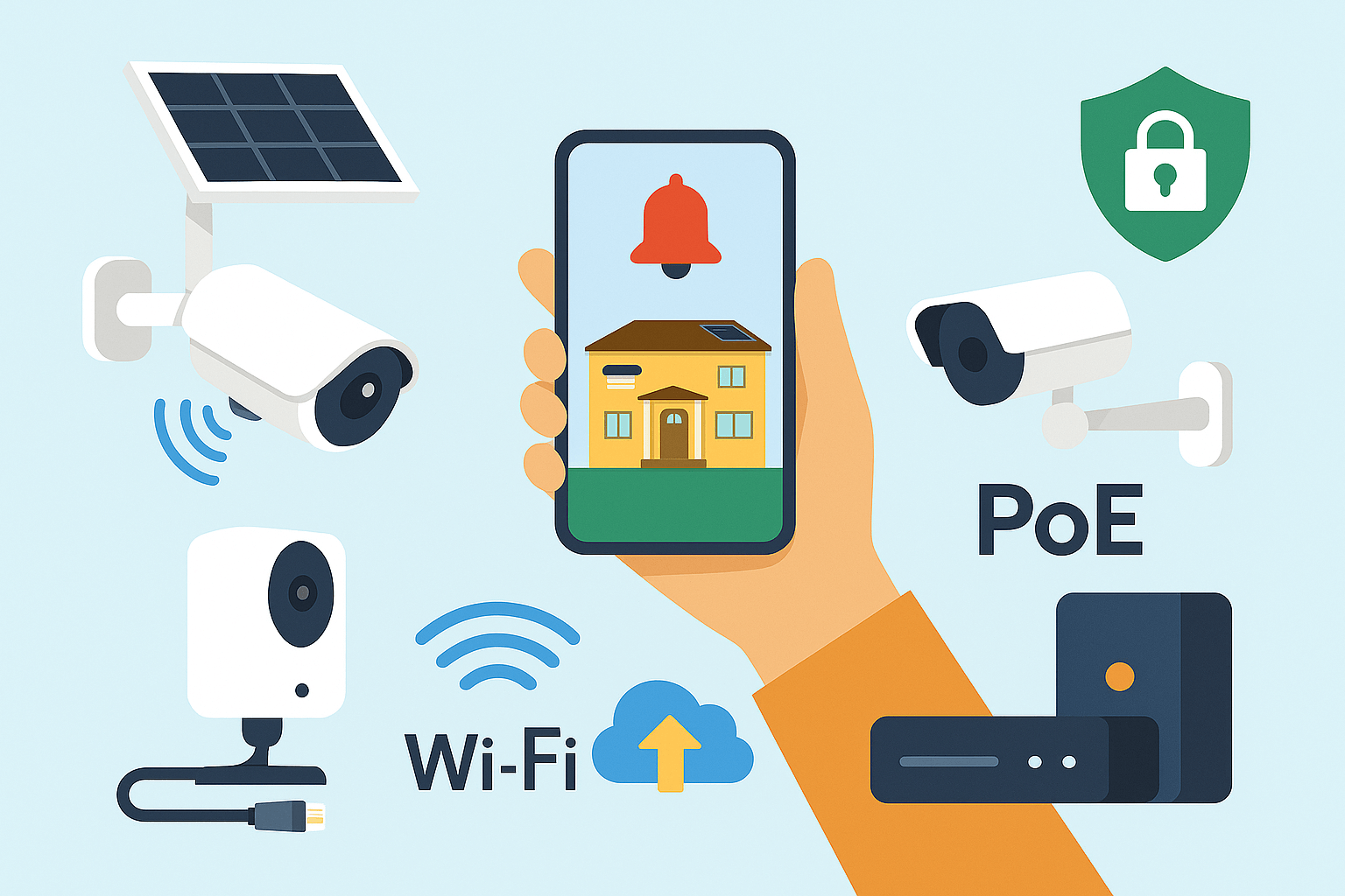 Power over Ethernet camera setup Illustration showing smart security camera setup services including PoE wired cameras, solar-powered Eufy devices, mobile app configuration, and secure cloud or local storage options for home surveillance.