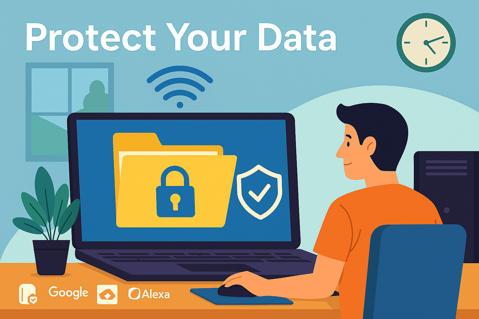 data-backup-cybersecurity-illustration Flat-style digital illustration showing a technician setting up secure data backup and cybersecurity on a laptop and tablet, with icons of cloud storage, shield, and lock.