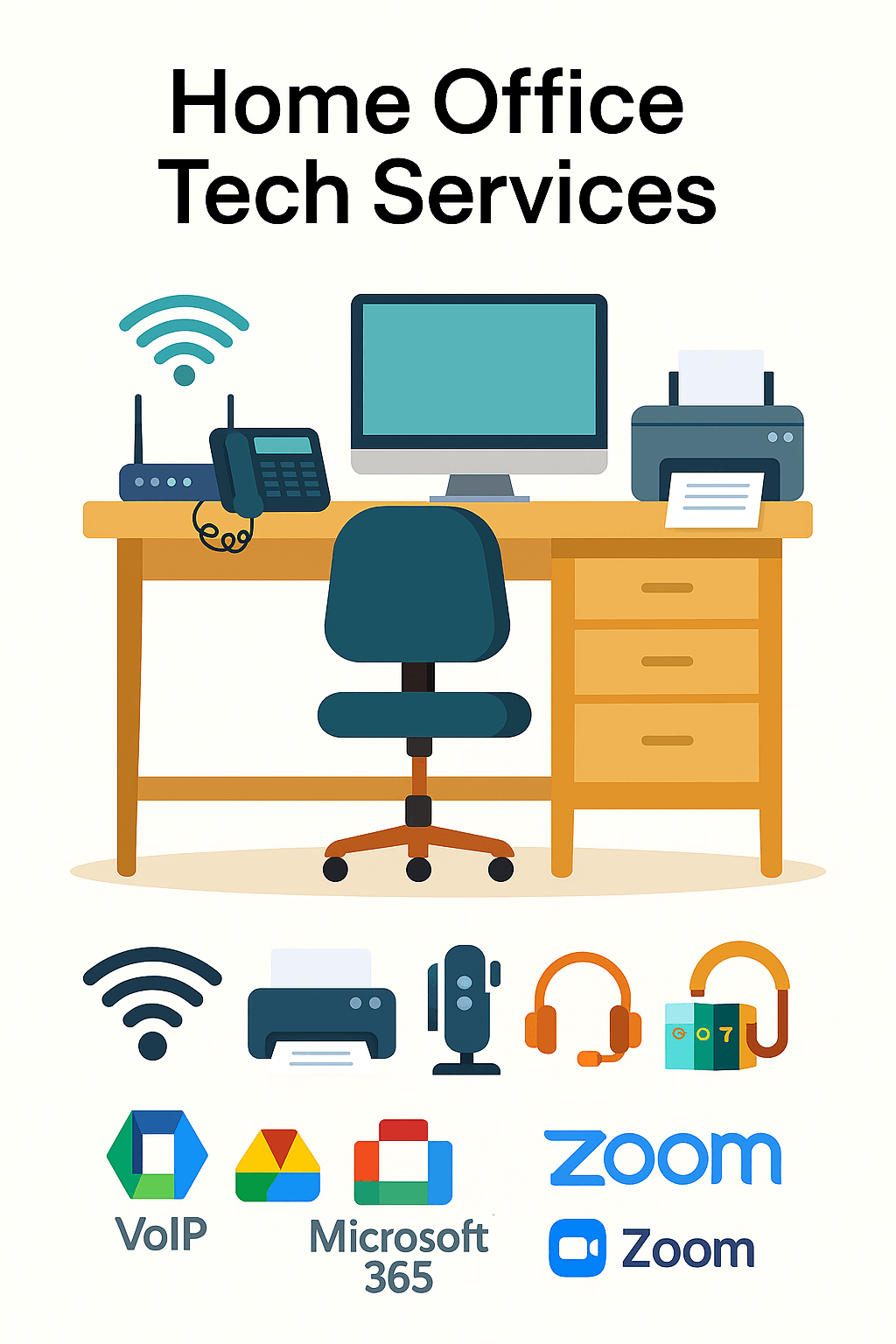 home-office-tech-setup-illustration Illustration of a home office tech setup featuring a desk with a monitor, printer, VoIP phone, Wi-Fi router, and ergonomic chair, with icons for Microsoft 365, Zoom, and smart accessories below.
