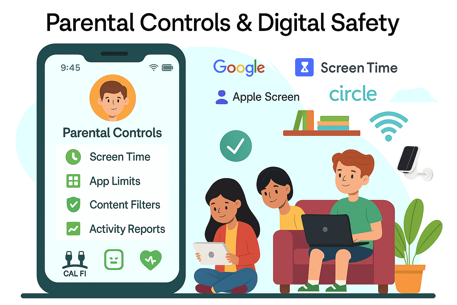 parental controls and Digital safety A colorful illustration of a family using digital devices at home with screen time controls, app monitoring, and parental settings, symbolizing online safety and digital boundaries for kids.