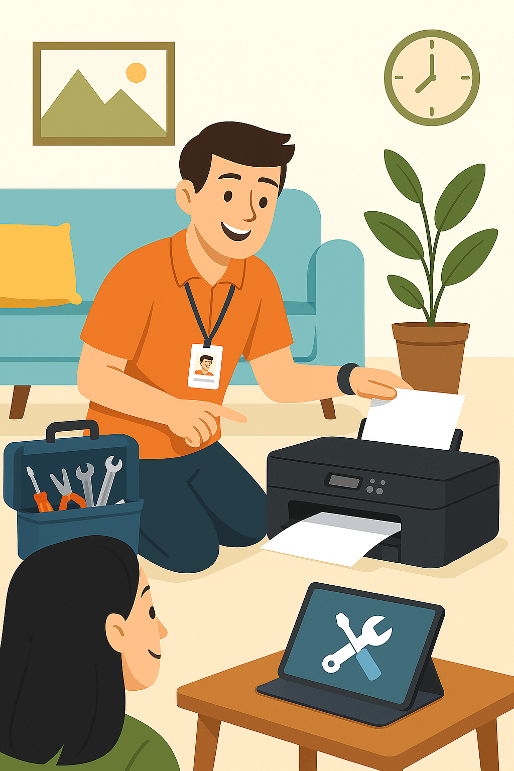 printer_setup_home_visit_angeles_tech A young technician setting up a wireless printer in a modern home environment, assisting a customer with device connection and configuration.