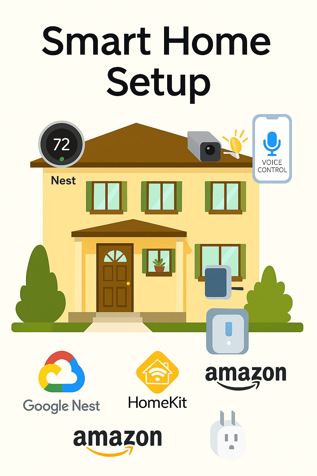 smart-home-setup illustration showing smart home setup including Google Nest, Alexa, smart thermostat, light control, and mobile app automation features.