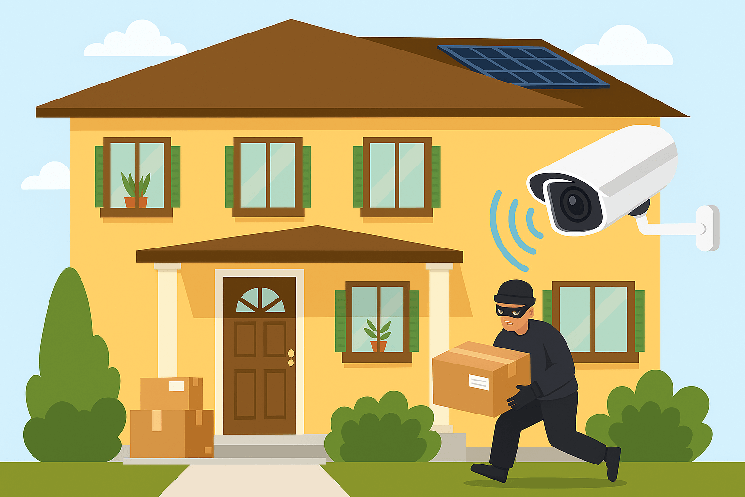 smart security camera monitoring a thief stealing a package Illustration of a smart security camera monitoring a thief stealing a package from a home's front porch, with solar panels on the roof and surveillance alerts activated.