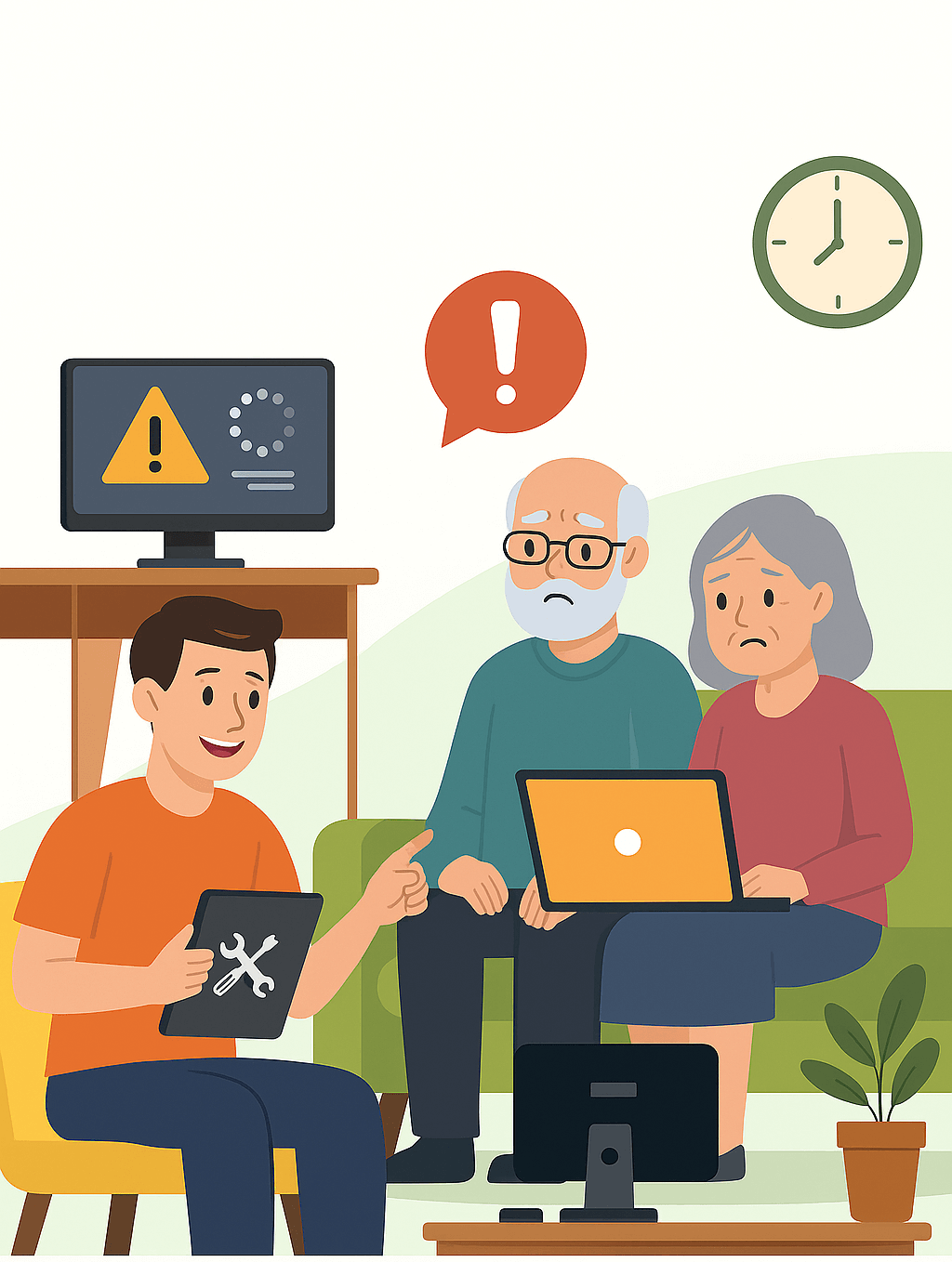 tech-support-helping-seniors-with-devices Young technician assisting elderly couple with laptop and TV issues, illustrating in-home tech support for common digital frustrations.