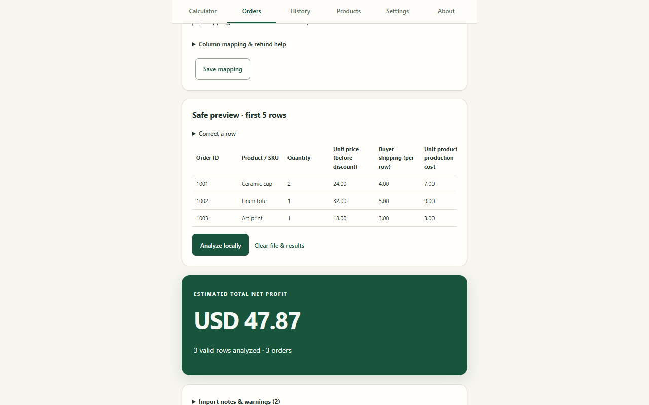 FeeCanvas local CSV order analysis interface