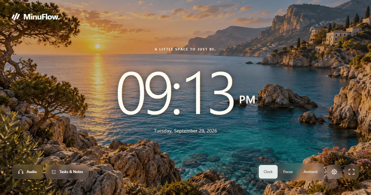 MinuFlow clock view on a coastal background at sunset